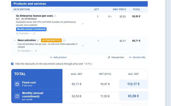 Devis dans Neoo : lignes du catalogue, frais d’activation et total séparant le coût ponctuel du coût mensuel.